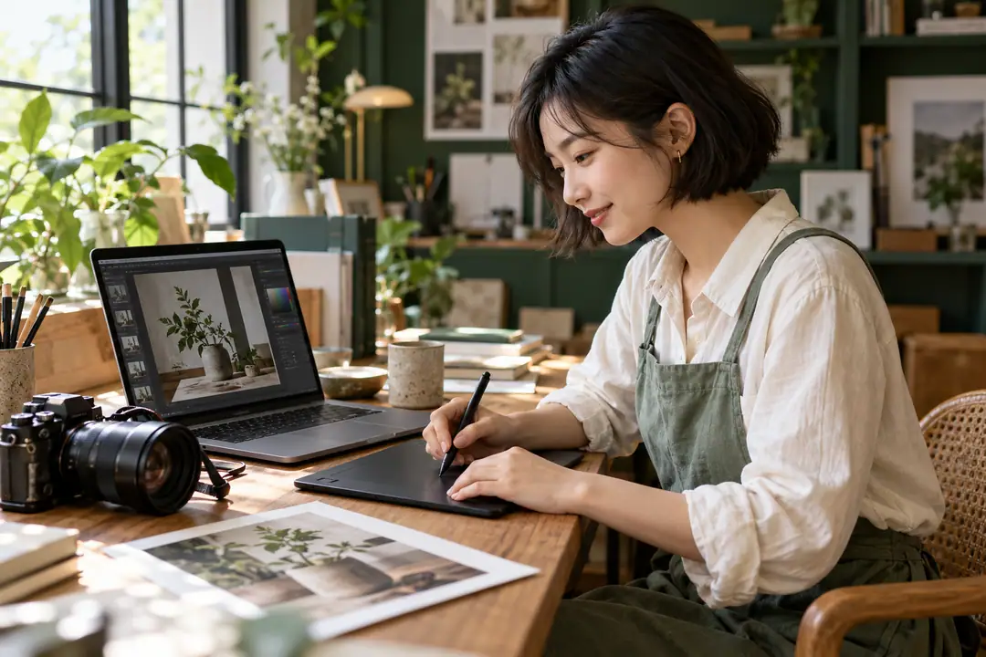 Illustrative full photograph of an adult designer working with a pen tablet; her whole face and creative desk are visible