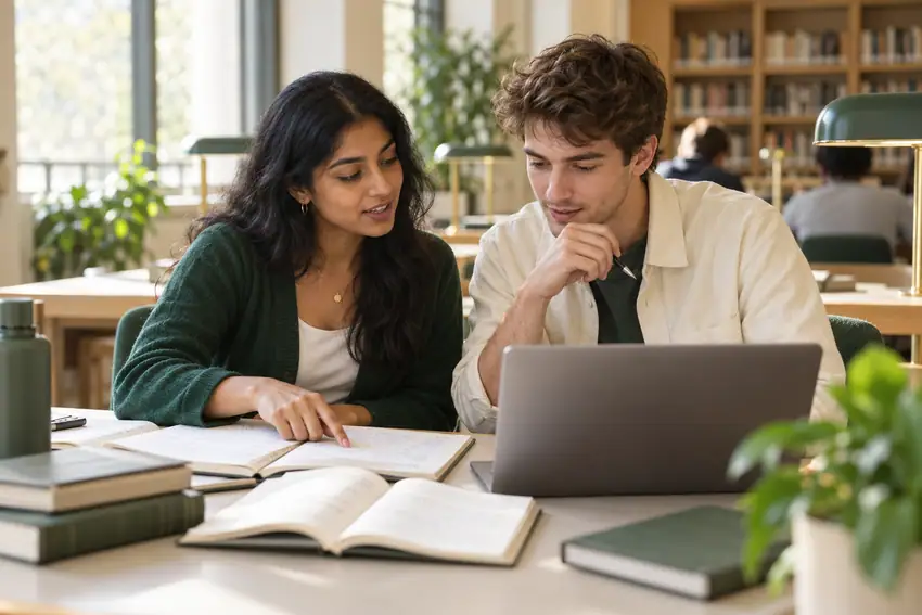 Illustrative photo of two adult classmates reviewing written notes together